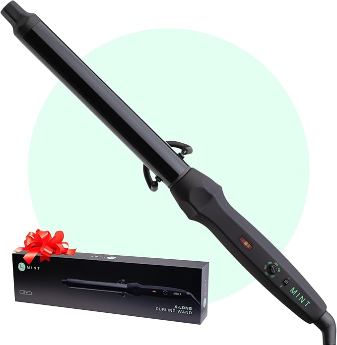 MINT Professional Clamp-Free Curling Wand 1 Inch for Long Hair | Extra Long Curl Wand w 4-Heater Ionic Ceramic Tourmaline Barrel | Best Curling Wands | Adjustable 230-430°F | Worldwide Dual Voltage
