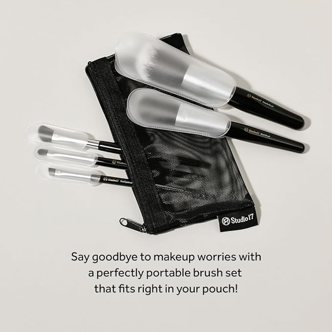 Travel Makeup Brush Set 5 Pcs | Essential Face & Eye Makeup Brush Set | Makeup Pouch & Brush Cover Included