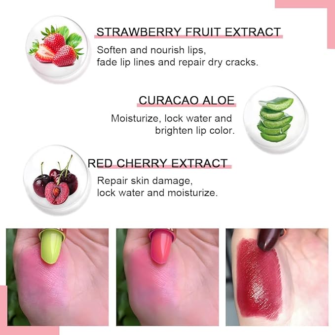BINGBRUSH Aloe vera Color Changing Lipstick,Moisturizer Long Lasting Lip Care Magic Lip Gloss,Mood Makeup Lipstick Set,24 hours original(3Pcs Aloe+Strawberry+Cherry, 3 Count (Pack of 1))