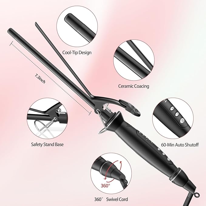1/2 Inch Extra Long Barrel Curling Iron for Short & Long Hair, 0.5 Inch Ceramic Small Curling Iron with Auto Shut-Off, Dual Voltage Curler Suitable for Travel, Including Glove