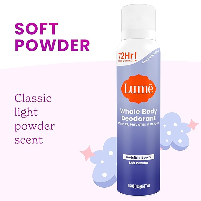 Lume Invisible Spray Deodorant For Women - Whole Body Deodorant Spray - 72 Hr Odor Control - Ozone Friendly, Natural Propellant - Aluminum & Baking Soda Free, Skin Loving - 3.6 ounce (Soft Powder)