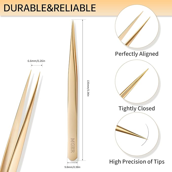 Lash Tweezers for Eyelash Extension, Hand Calibrated Straight eyelash tweezers, False Lash Application Tools, Lash extension tweezers gold