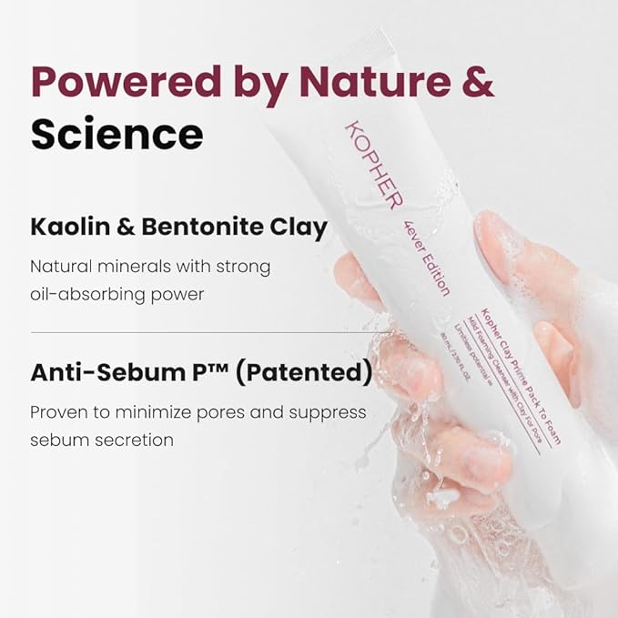 Kopher Clay Prime Pack to Foam [4ever Edition] Facial Cleanser: Hydrating & Purifying Cleanser for Sensitive Skin - Makeup Remover, pH Balanced, Korean Skincare (2.7 fl.oz.)