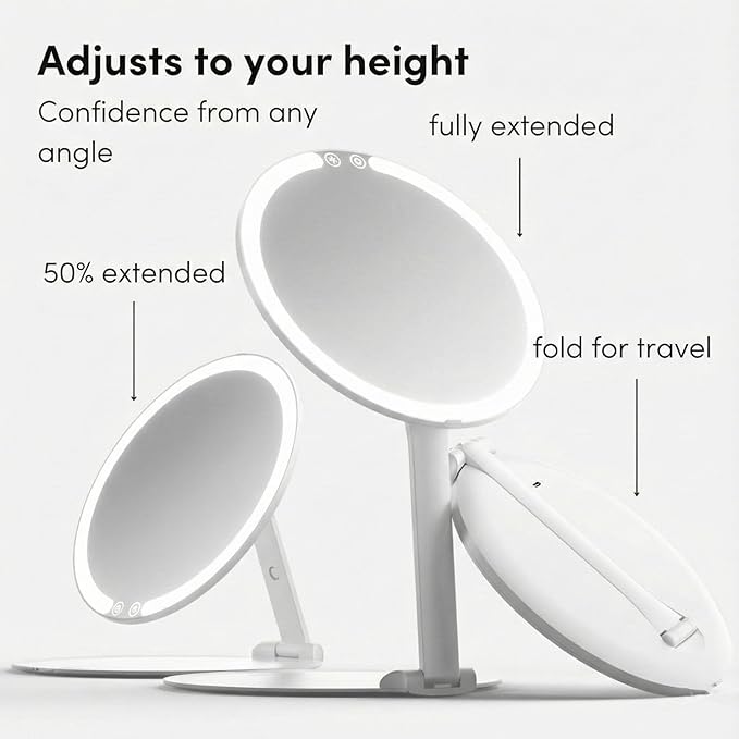Fancii Abigail Rechargeable Travel Makeup Mirror with LED Light, 8" Foldable Stand, 3 Color Lighting Travel Mirror. Dimmable & Lightweight Portable Vanity Mirror, Beauty Travel Essential