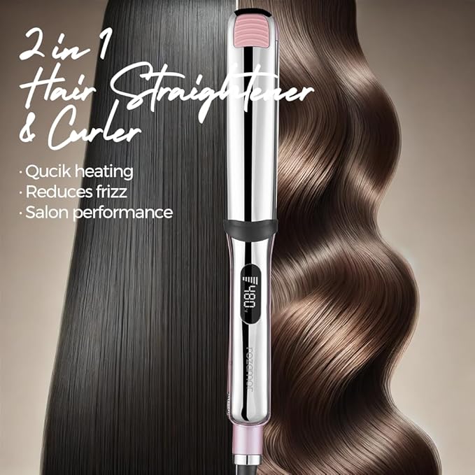 Professional Titanium Flat Iron with 1 1/4 Inch Floating Plates, Hair Straightener and Curler 2 in 1 with 10 Adjustable Temp Up to 480 ℉, Negative Ion & Dual Voltage Fast Heating Hair Tools