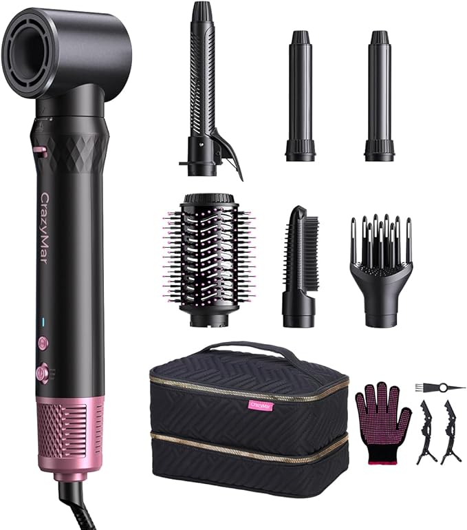 7-in-1 Air Wrap Hair Styler, Fast Drying Blow Dryer & Curling StylingTool, Hot Air Styler No Heat Damage, Hot Air Styler Wrap for Curling Volumizing Straightening Styling（Pink）