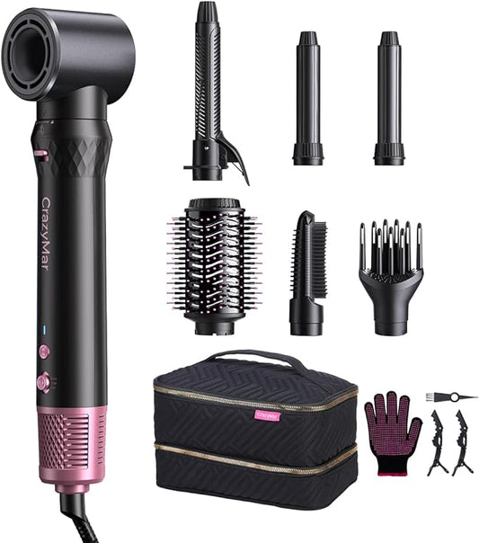 7-in-1 Air Wrap Hair Styler, Fast Drying Blow Dryer & Curling StylingTool, Hot Air Styler No Heat Damage, Hot Air Styler Wrap for Curling Volumizing Straightening Styling（Pink）