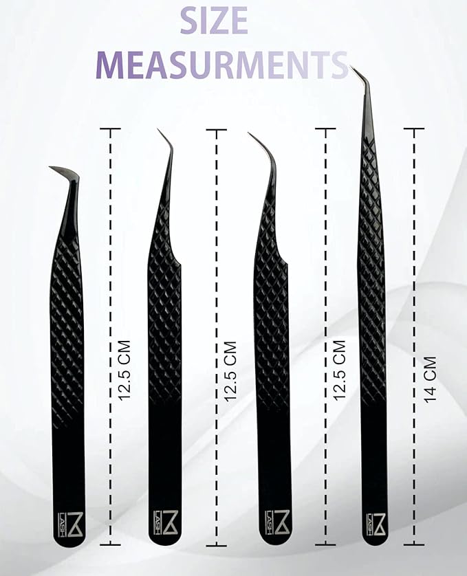 M LASH Tweezers for Eyelash Extensions (Set of 4) - Professional Lash Extension Tweezers - Fiber Tip, Japanese Steel, Diamond Grip Eyelash Extension Tweezer (Black)