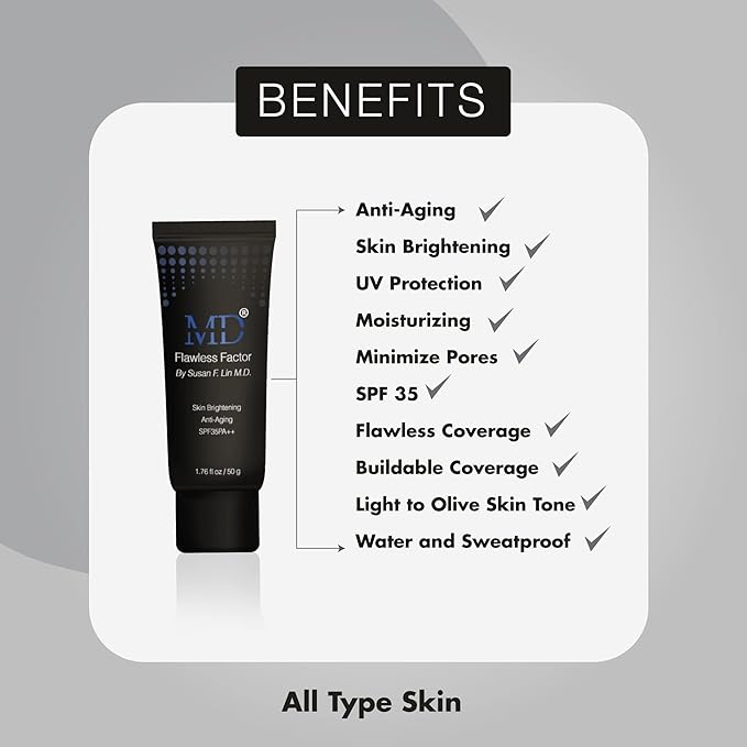 MD Flawless Factor BB Cream para cobertura, brillo de la piel y antienvejecimiento | Crema hidratante antiarrugas con protección solar | Calificación SPF 35 | Adecuado para todo tipo de piel - 1.76 Fl