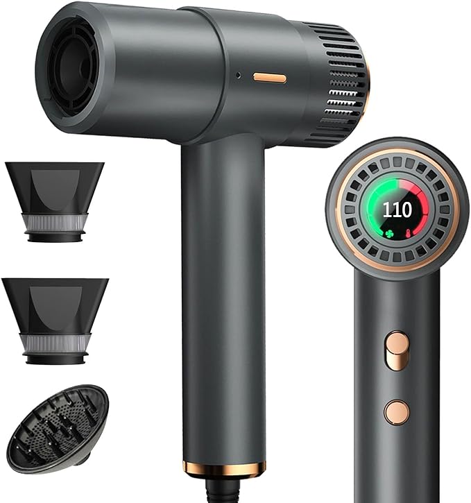 Hair Dryer,110000 RPM High Speed Blow Dryer with 2 Nozzle and 1 Diffuser, Professional Negative Ionic Fast Drying Blow Dryer with LED Display, 3 Temps and 3 Speeds for Home Travel