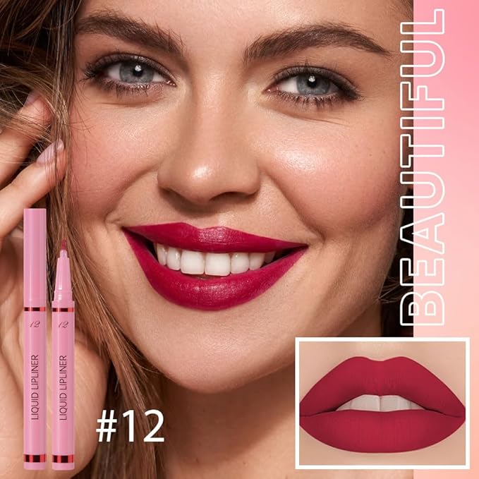 Deep Red Liquid Lip Liner Stain, 24 Hour Longwear Matte Lip Tint Liner, Waterproof Transfer-proof Lip Lipstick Lip Liner, All Day Stay Lip Stain 12#