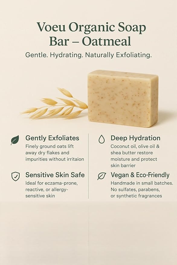 Organic Soap Bar – Natural Exfoliating Cleanser Hydrates & Unclogs Pores – Gentle Skincare for Sensitive Skin (Oatmeal)