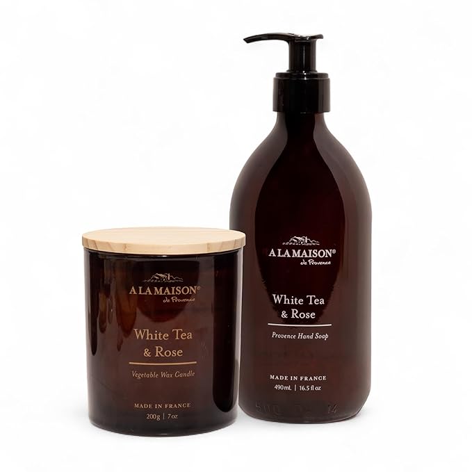 A LA MAISON Candle + Hand Soap Gift Set – White Tea & Rose – Premium French Formula – Amber Collection