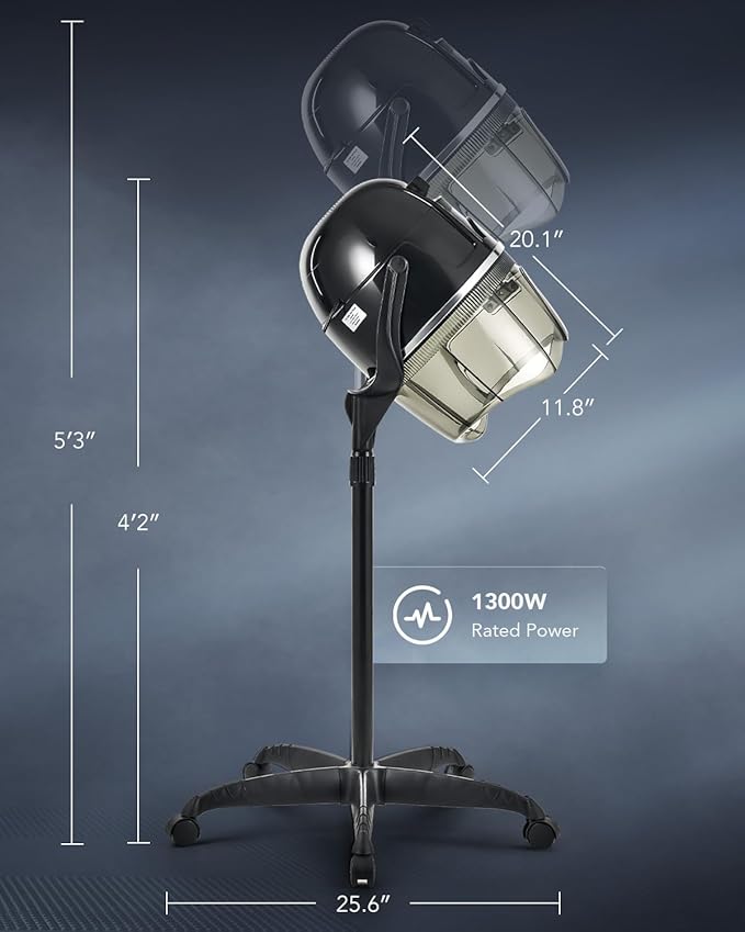 Y-NOT Professional Hairdryer Height Adjustable Hooded Stand Up Bonnet Hair Dryer, Floor Standing Rolling Base with Wheels for Beauty Salon Equipment Home Spa