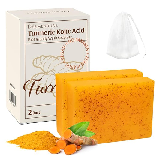 Dermendure Turmeric Kojic Acid Soap – Dark Spot Remover for Face & Body, Skin Brightening, Even Tone, Anti-Aging, Moisturizing with Collagen, Retinol, Vitamin E, Shea Butter & Hyaluronic Acid – 2 Bars