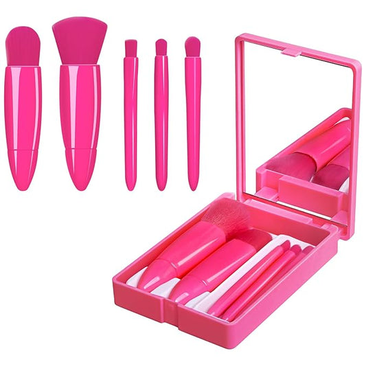 Travel Makeup Brush Set, Portable 5 PCS Mini Makeup Brushes with Mirror, Easy-taken Makeup Tool Set for Eyeshadow, Contour, Blush, Complete Function Cosmetic Profesional Tools