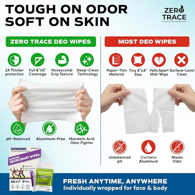 Zero Trace Travel Deodorant Wipes - 60 Count- 24 Hour Odor Control - Aluminum Free Hypoallergenic Mini Deodorant For Women and Men - Individually Wrapped Underarm & Body Wipes- Nature Bliss Trio