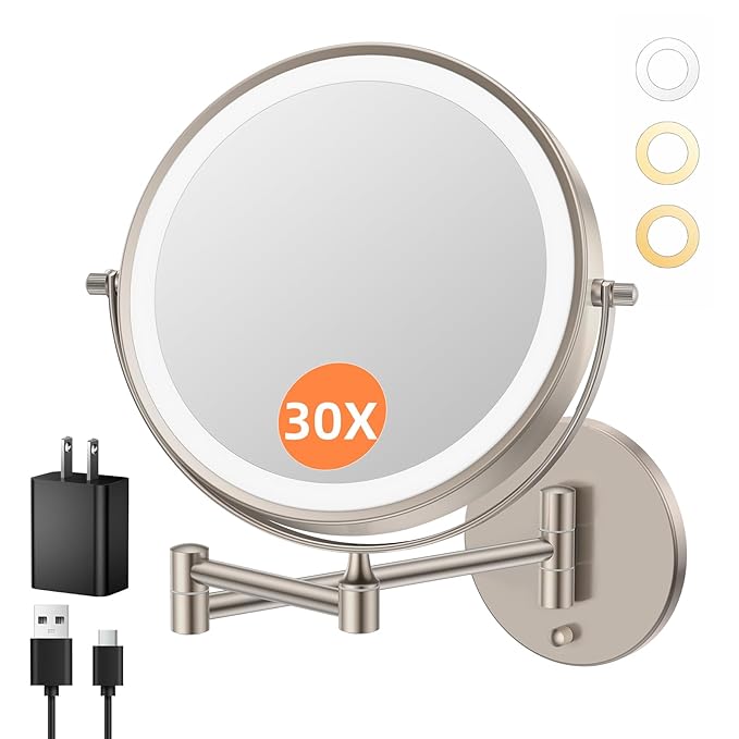 FUNTOUCH 10" 30X/1X Magnifying Wall Mounted Lighted Makeup Mirror, 4500mAh Rechargeable Double Sided Mirror, 3 Color Lights,Touch Dimmable, 360 Rotation Extended Arm with Adapter,Brush Nickel