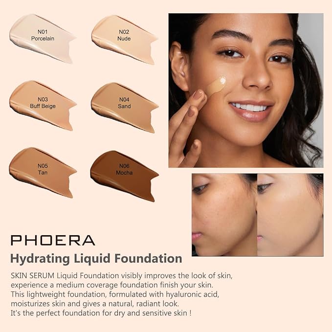 PHOERA Hydrating Serum Foundation,Flawless Full Coverage and Hypoallergenic Makeup Base Foundation. (N04 Sand, norm)