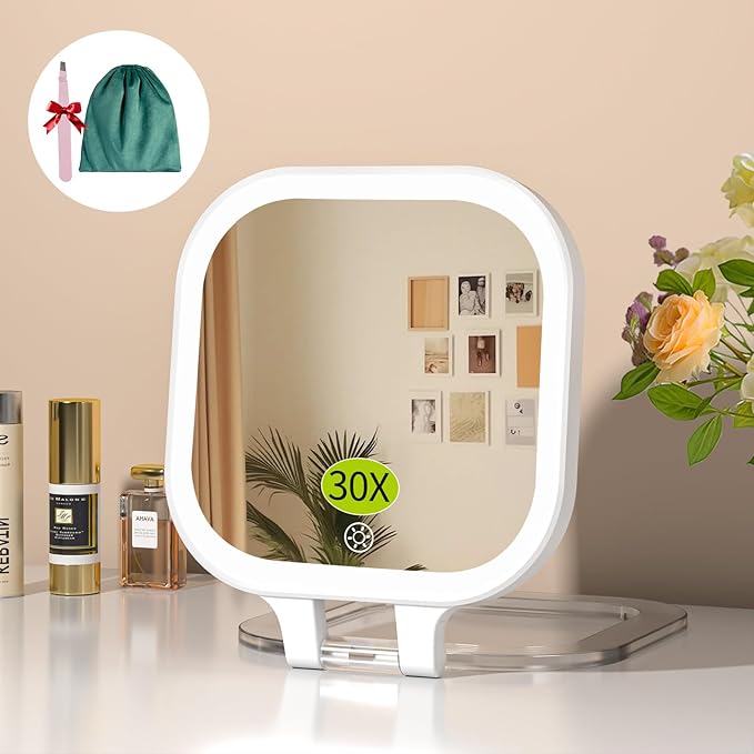 FUNTOUCH 30X Magnification Lighted Makeup Mirror,Double Sided Travel Vanity Mirror with Lights,Rechargeable 3 Color Lights & Adjustable Brightness, 300°Rotation, Foldable Portable for Christmas