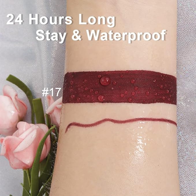 evpct 2Pcs Dark Deep Burgundy Red Matte Lipstick and Lip Liner Makeup Set for Women Dark Blood Red Liquid Matte Brown Lipstick Lip Liner Stain long lasting waterproof Permanent Lipsticks 24 hours 17#