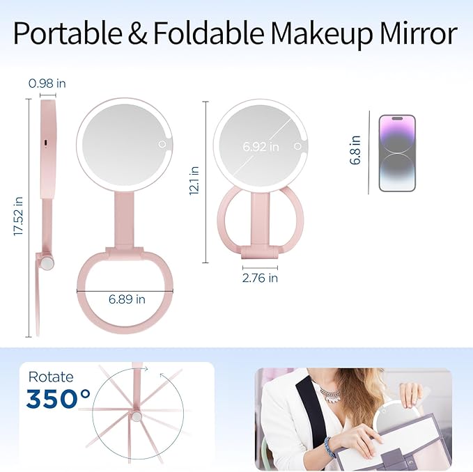 Makeup Mirror with Lights - 360° Rotation, 3 Color Modes (Dimmable), 1X/10X Magnifying Double-Sided Mirror, Rechargeable & Portable Vanity Mirror with Touch Control for Tabletop, Home, Travel Pink