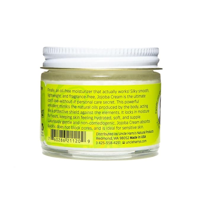 Uncle Harry's Natural Products Jojoba Cream, Smooth Lightweight Fragrance Free Jojoba Esters, Gentle and Non-Comedogenic Perfect for Sensitive Skin, Gluten and Hexane Free Vegan, 2 Ounce Glass Jar