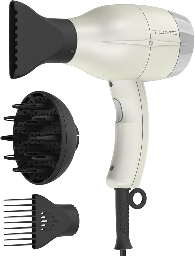 TOME Hair Dryer with Diffuser Blow Dryer Ionic 1875W Cool Shot Curly Hair Teeth Comb Nozzle attachments Light Weight Low Noise Fast Dry