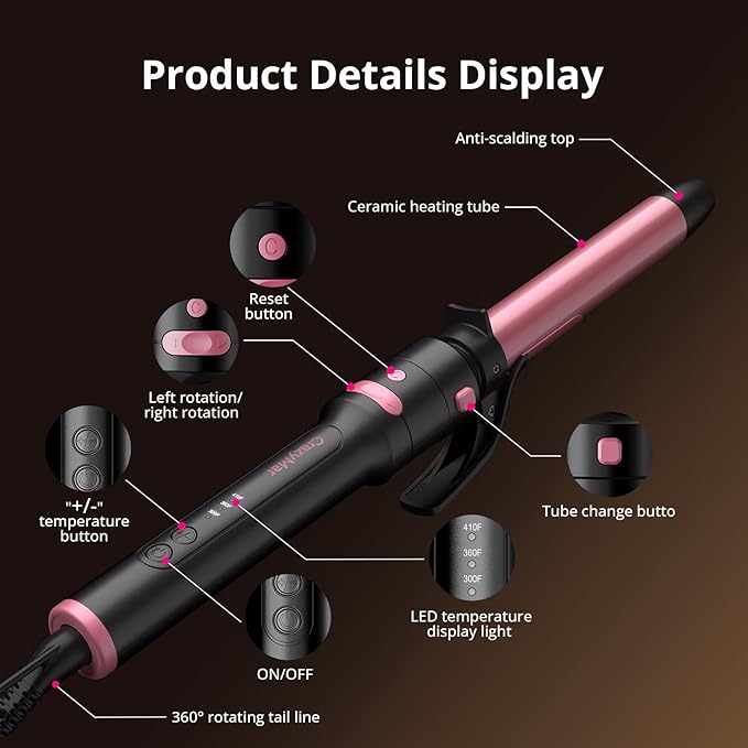 5-in-1 Rotating Curling Iron Set,Automatic Hair Curler with 5 Ceramic Barrels (3/4,1,1.25 Inch) | Fast Heating, Dual Voltage for Long-Lasting Curl Styling/Beach Wave