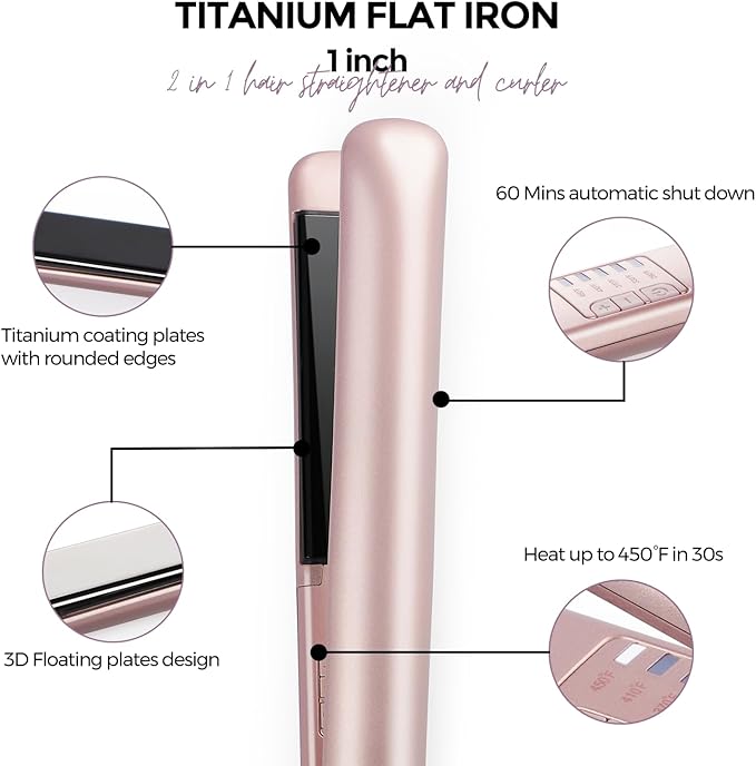 Titanium Flat Iron Hair Straightener, 1 Inch Fast Heating Dual Voltage Styling Tool, 2 in 1 Straightener & Curler for All Hair Types, Pink