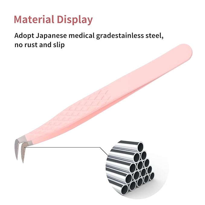 Lash Tweezers for Eyelash Extensions - Professional Artist Tech Work Kit Tools With Fiber Tip for Light or Mega Volume Fans - Curved Tweezers