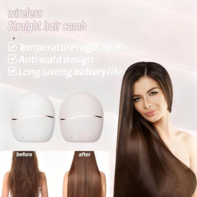 Mini Hair Straightener Brush, Portable Brush for Women Hair Care, Rechargeable Hair Straightener Comb with 2 Temperature Settings & Built-in Mirror, Straight Hair Comb for Home Travel (White)
