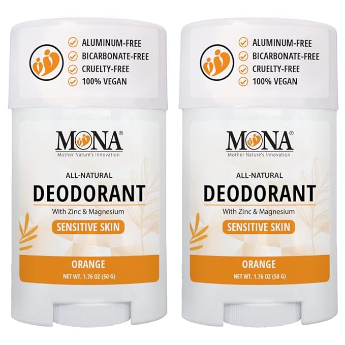 MONA BRANDS All Natural Deodorant For Women & Men | For Sensitive Skin | No Aluminum or Baking Soda | (2-Pack ORANGE 1.76 Oz each)