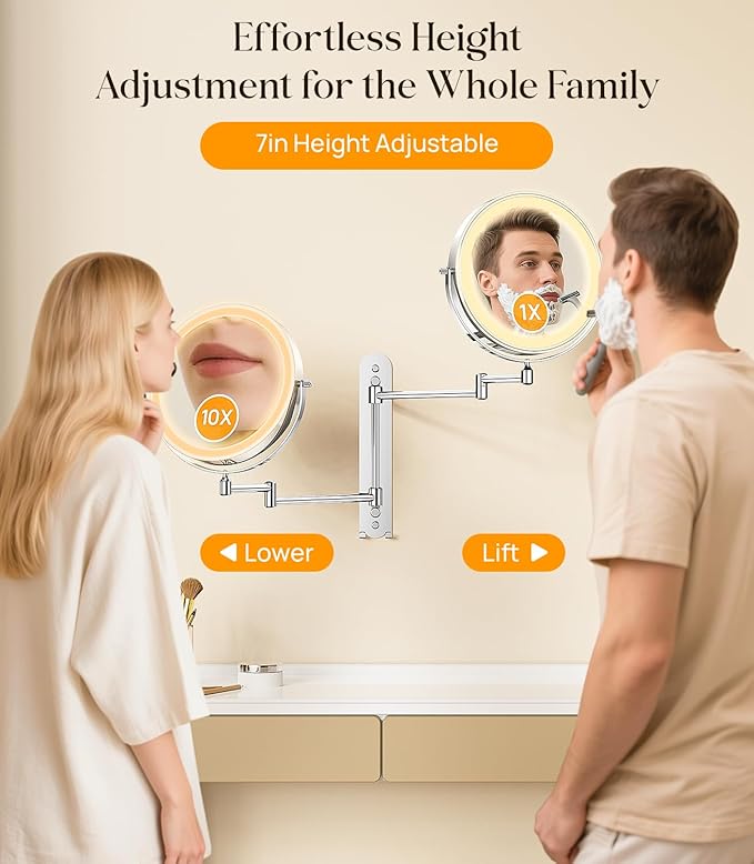 Gospire 9” Wall Mounted Lighted Makeup Mirror with Magnification 10X, 7in Height Adjustable Vanity Lighted Mirrors for Bathroom Wall, 360° Extended Arm Shaving Wall Mirror with Lights - Chrome
