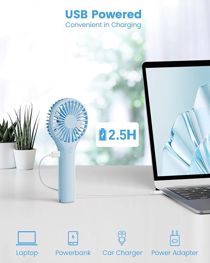 Portable Mini Fan - Powerful Personal Handheld Fan with 3 Speeds, Cute and Small, USB Rechargeable for Travel/Lash/Makeup/Outdoor/Home,Sky Blue