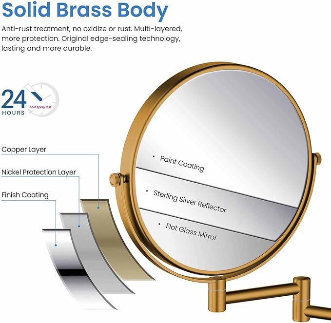 KIBI Circular Wall Mount Makeup Mirror, Dual-Sided 1x/5x Magnifying Mirror with Extendable Arm, 360° Swivel, Solid Brass Construction for Durability and Style (Chrome, KMM100)