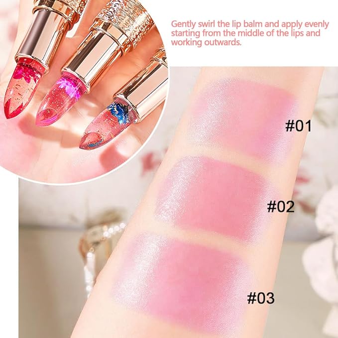 Flower Jelly Lipstick Set Temperature Change Moisturizer Long Lasting Nutritious Balm Magic Color Change Lip Gloss (Rosa multiflora)