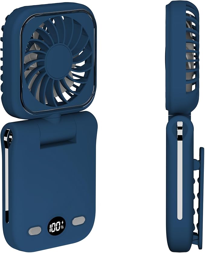 Mini Portable Handheld Clip On Rechargeable Personal Hand Fan with LED Display, Pocket Battery Operated 100 Speed Adjustable Small Fan for Travel/Outdoor/Concerts/Lash/Makeup/Gift(dark blue)