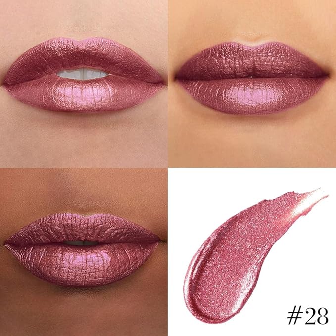 evpct Plum Red Metallic Glitter Lip Liner and Lipstick Combo Lip Gloss Stain Set Makeup for Women Long Lasting Waterproof 24, Plum Red Metallic Shimmer Frosted Iridescent Glossy Liquid Lipstick 28