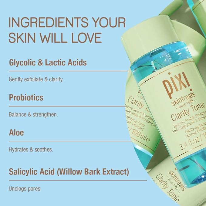 Pixi Beauty Clarity Tonic 100ml, AHA & BHA Toner | Minimize Pores, Promote A Clearer, Healthier Complexion, 3.4 Fl Oz