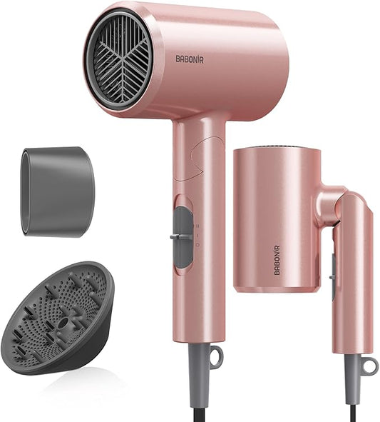 Ionic Diffuser Hair Dryer for Curly Hair, 1875W Fast Drying Blow Dryer with Diffuser and Concentrator Nozzle, Compact & Portable Negative Ion Hairdryer Blowdryer, 3 Heat 2 Speed Settings, Pink