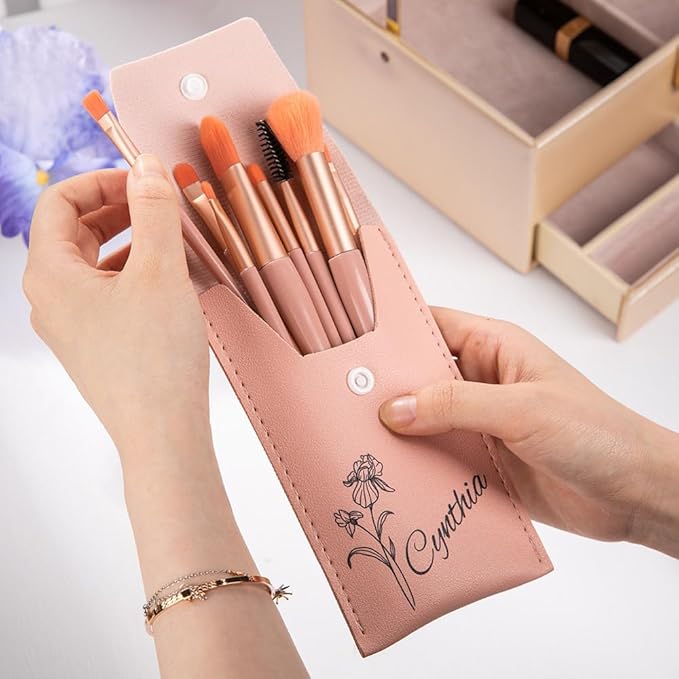 callie Personalized Birth Flower Makeup Brush Set, Custom Travel Cosmetic Makeup Brush Set with Bag Holder Case, Birthday Gift for Women (8 Brushes)