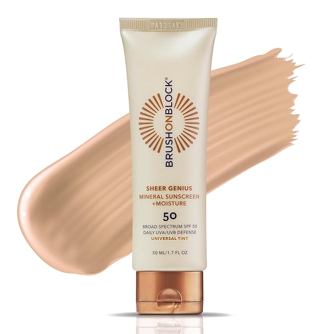 Brush On Block Tinted Mineral Sunscreen Moisturizer SPF 50 | Tinted Face Moisturizer with Sunscreen Broad Spectrum | Hydrating Hyaluronic Acid, Zinc Oxide Protection, 1.7oz, PA ++++, Made in USA
