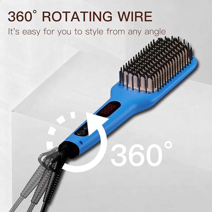 Updated 2025 MEGAWISE Hair Straightener Ceramic Brush; Anti-Scald Dual Voltage Flat Iron Hot Brush | Rotatable Cord |Auto Shutoff | Anti-frizz |for All Hair Types (Gentian Blue)