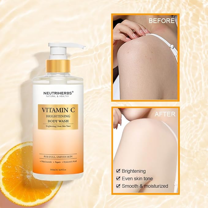 Neutriherbs Brightening Body Wash for Dull,Uneven Skin, Vitamin C Brightening Shower Gel For Women And Men, Daily Shower Soap With Papain, Niacinamide - Citrus Scent 16.9 Fl.Oz