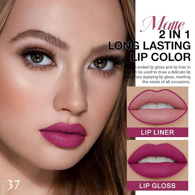 evpct 1Pcs Rose Matte Lip Liner and Liquid Lipstick Stain Makeup Set for Women, Rose Red Plum Long Lasting Smudge Proof Lipstick labiales matte mate larga duracion listip 24 hours originales, 37#