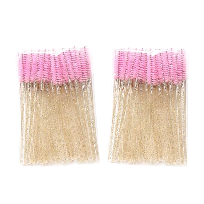 300 Pack Glitter Mascara Wands Disposable Eye Lash Brushes Spoolies Brush Makeup Applicator Eyelash Extension Tool Kit, Crystal Gold Handle Pink Brush Head