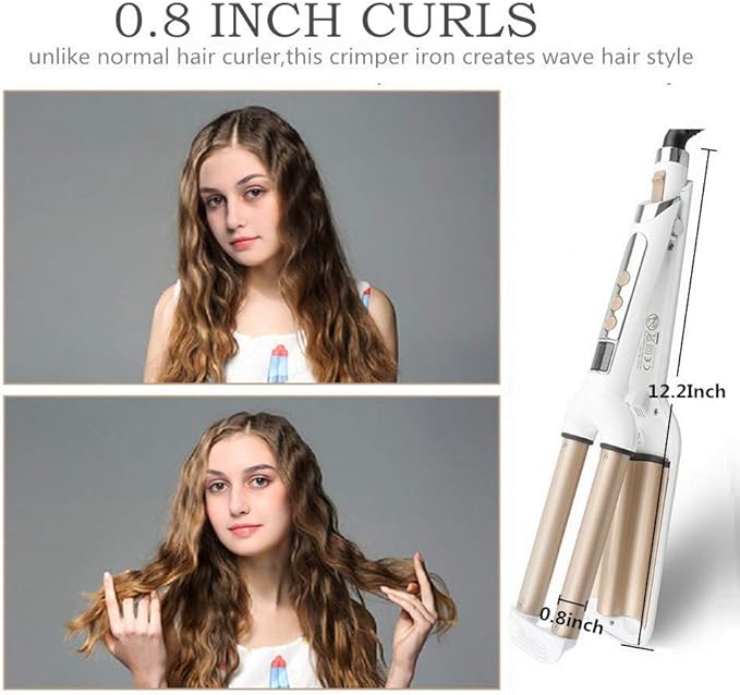 Crimper Hair Iron, Ceramic Hair Crimper Hair Waver 3 Barrel Curling Iron 0.6 inch / 16mm Perm Instant Curls,Hair Crimper and Wavers, Valentines Mothers Day Gifts for Women (Champagne)