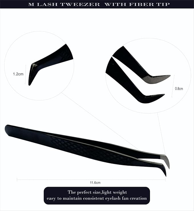 M LASH Tweezers for Eyelash Extensions (Set of 4) - Professional Lash Extension Tweezers - Fiber Tip, Japanese Steel, Diamond Grip Eyelash Extension Tweezer (Black)