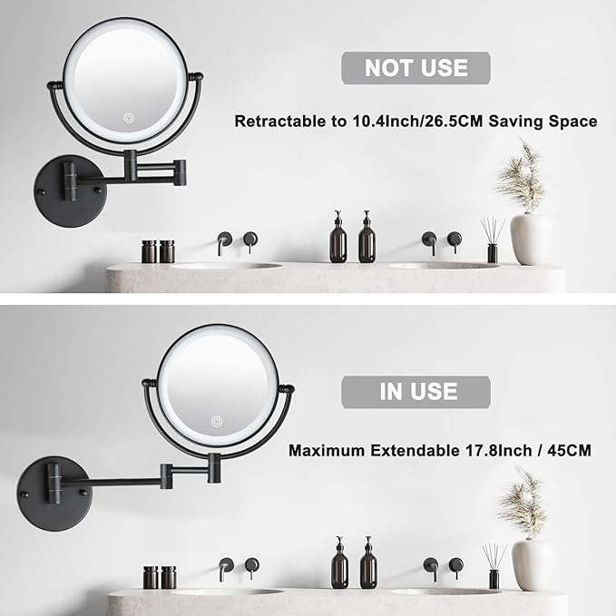 Wall Mounted Makeup Mirror with 3 Color Lights Stepless Dimming, 8" 1X/10X Magnifying LED Two Sided Touch Sensor Extendable Arm 360 Swivel Shaving Light Up Mirror Hardwired for Bathroom, Matte Black